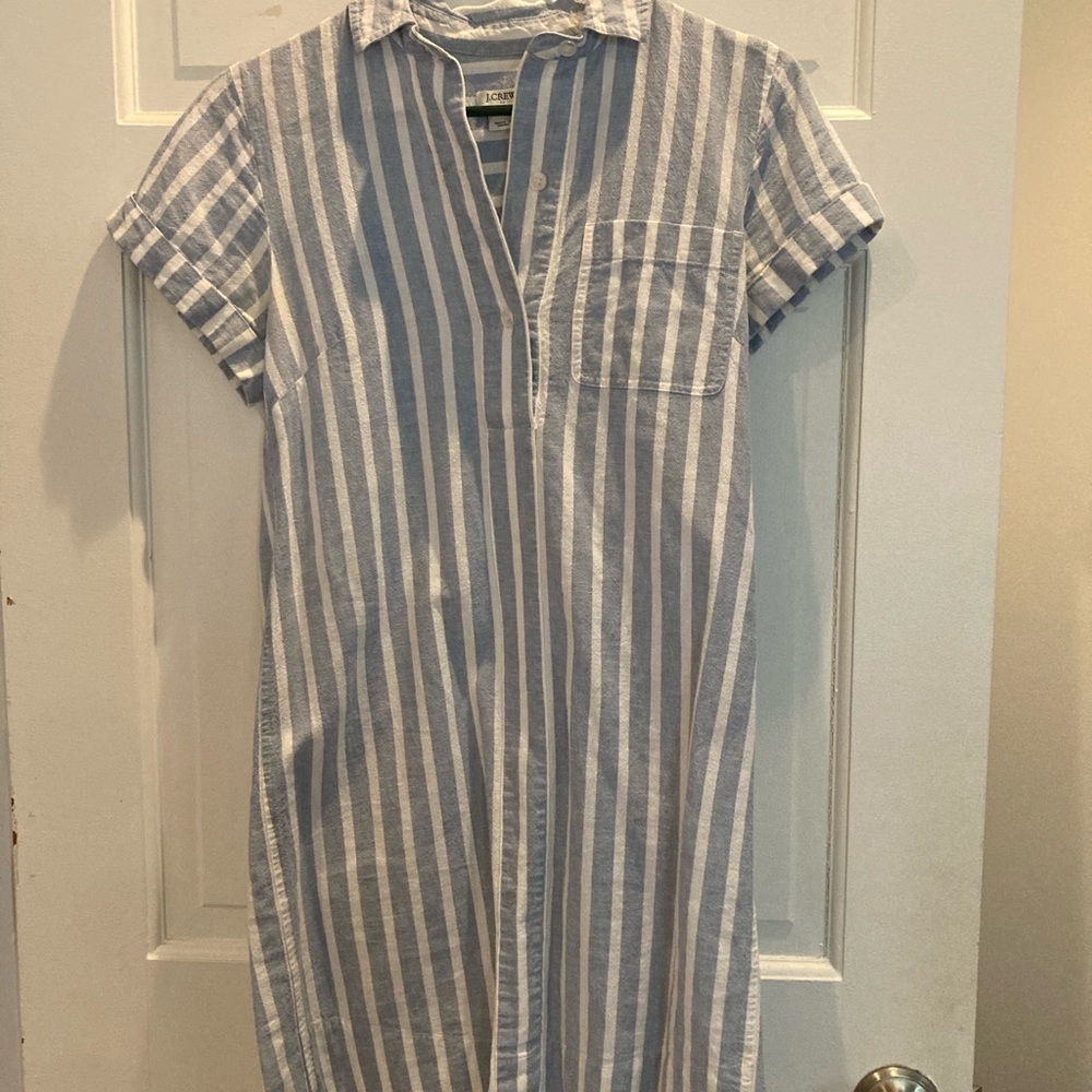 J. Crew Blue and White Vertical Stripe Short-Sleeve Shirt Dress
